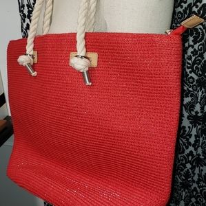 Kelly and Katie large red straw tote bag